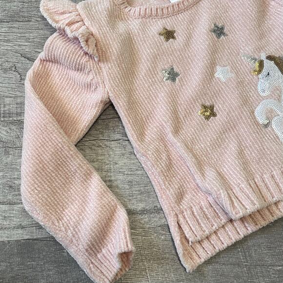 ZUNIE Girls Pink Chenille Unicorn Sweater XS 4/5 Sequin Applique Ruffle - Picture 2 of 7